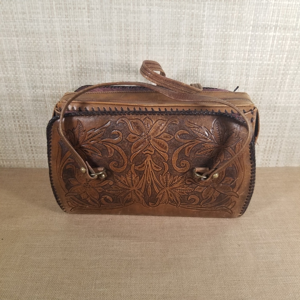Vintage Handmade Tooled Leather Handbag